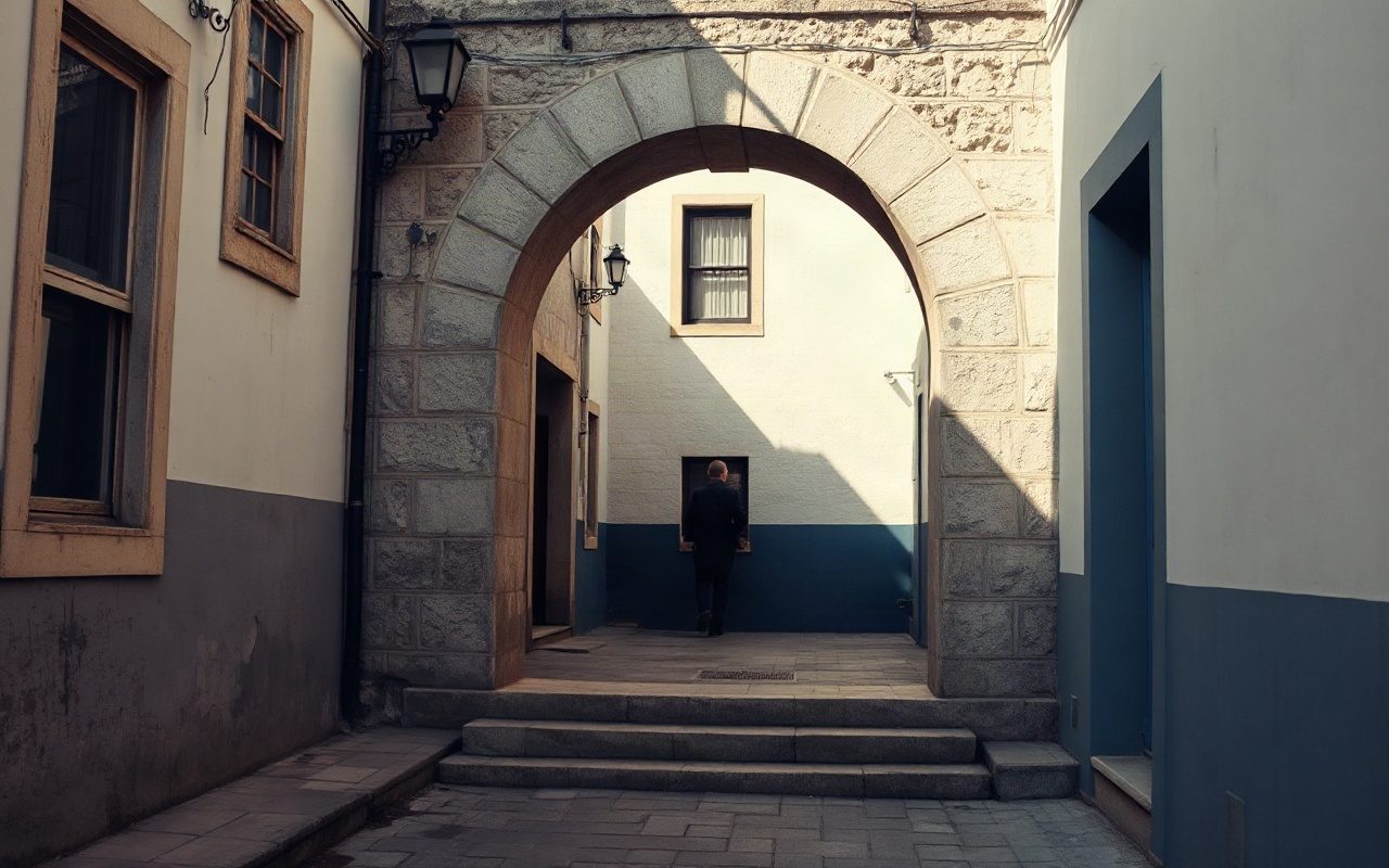 Arco de pedra entre uma rua e um pátio interior, ao amanhecer, em ambiente português