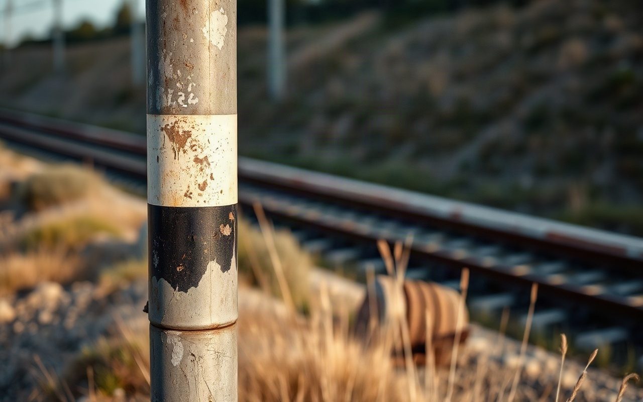 Sinal ferroviário antigo de faixas brancas e pretas ao lado da via, sob luz de manhã