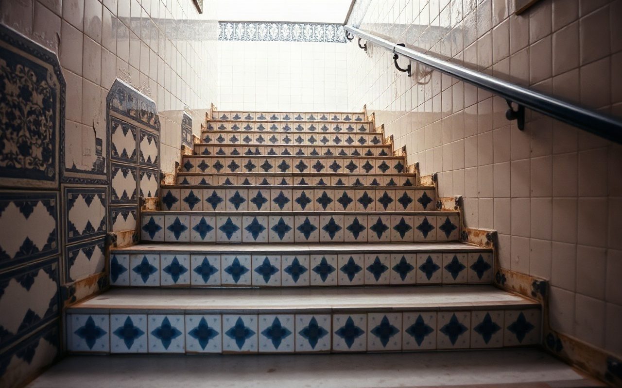 Escadaria de azulejos portugueses vista de baixo, com degraus sucessivos sob luz suave