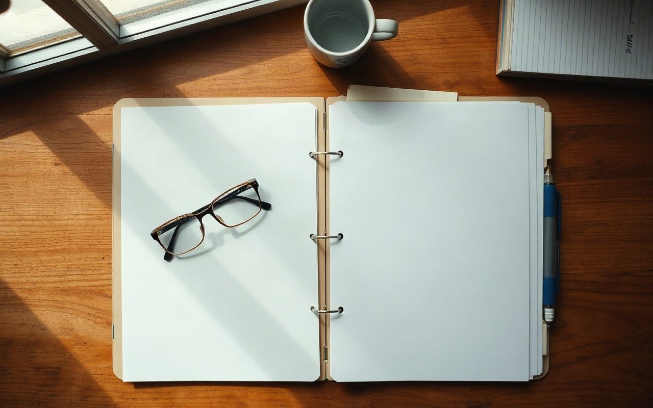 Mesa de trabalho vista de cima com pastas em branco, óculos de leitura e luz de janela
