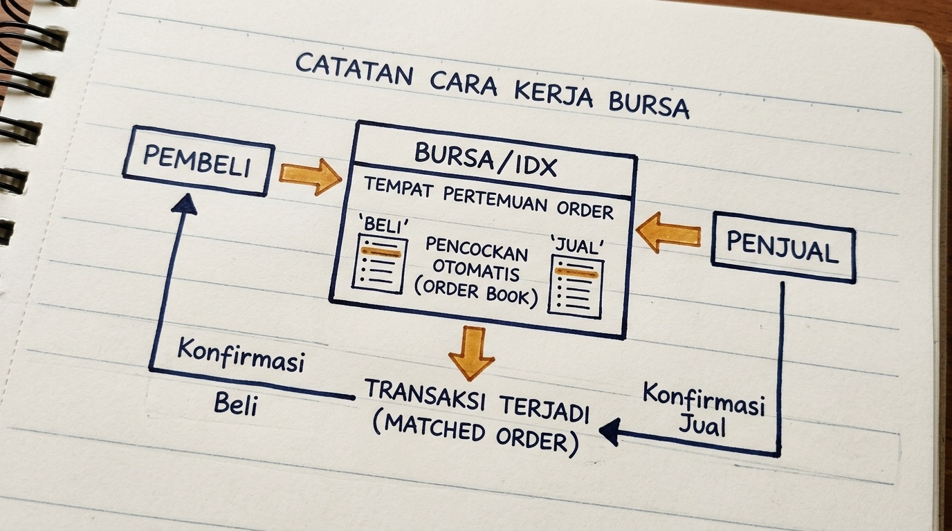 Sketsa alur kerja bursa efek dengan anotasi tulisan tangan di buku catatan