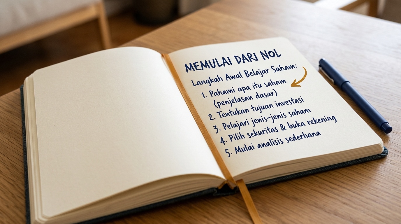 Buku catatan terbuka berisi langkah awal belajar saham yang ditulis tangan