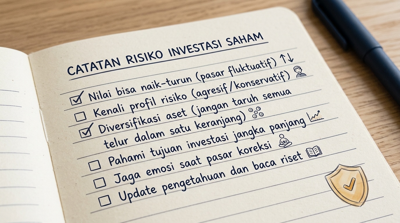 Daftar catatan risiko investasi dengan ikon perisai bernuansa tenang