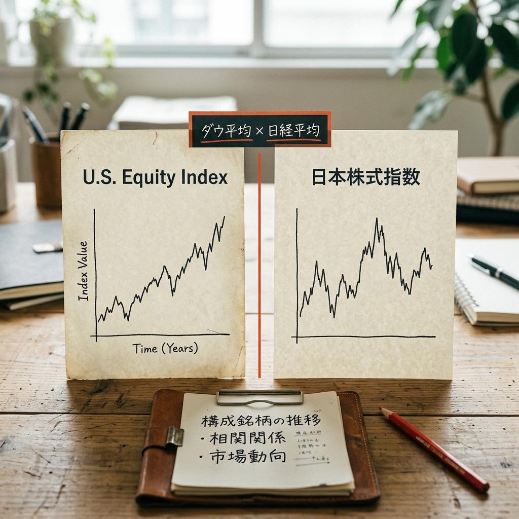 ダウ平均と日経平均を並べた編集ノート用カバー写真